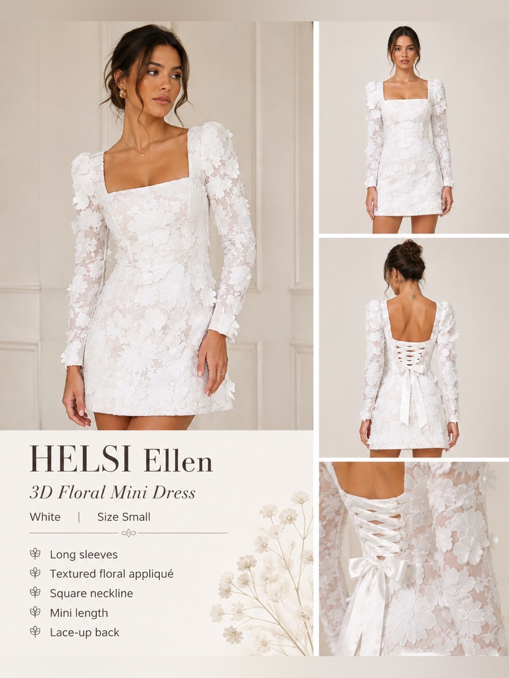 HELSI Ellen Long Sleeve 3D Floral Mini Dress White Size Small NWOT